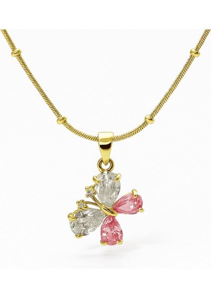 Kadın Çelik Kolye - Kelebek Tasarım - Renkli Zirkon Taşlı - Altın Renk indirimleri