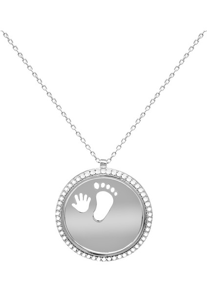 Zirkon Taşlı Bebek El ve Ayak Detaylı Gümüş Renk Isme Özel Harf Yazılı 925 Ayar Gümüş Kadın Kolye fiyatları