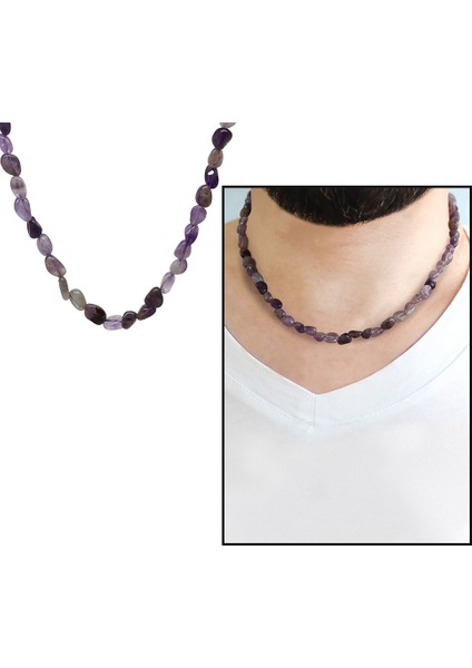 Gümüş Renk Metal Zincirli Amorf Ametist Doğaltaş Erkek Kolye modelleri