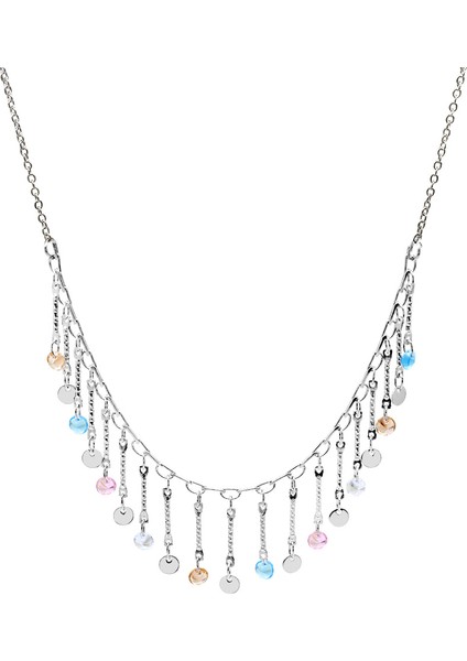 Gümüş Renk Metal Zincirli Çok Renkli Kristal Taş Süslemeli Sallantılı Kadın Kolye