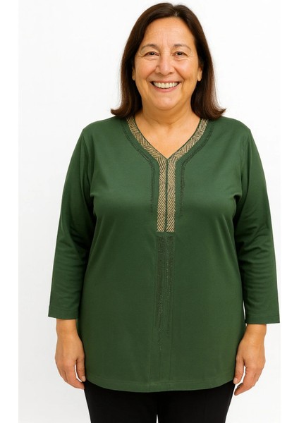 Rahat Kesim V Yaka Haki Anne Kadın Penye Bluz