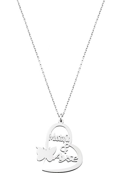 Kişiye Özel Isim Tarih Yazılı 925 Ayar Gümüş Kelebek Kalp Kolye