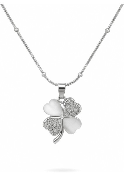 Kadın Çelik Kolye - Toplu Snake Zincirli - Yonca Yaprağı Tasarım - Beyaz Zirkon Taşlı - Gümüş Renk