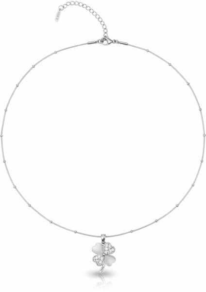 Kadın Çelik Kolye - Toplu Snake Zincirli - Yonca Yaprağı Tasarım - Beyaz Zirkon Taşlı - Gümüş Renk indirimleri