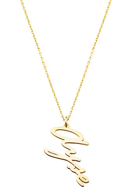 Dikey Tasarım Isme Özel Yazılı Altın Renk 925 Ayar Gümüş Bayan Kolye