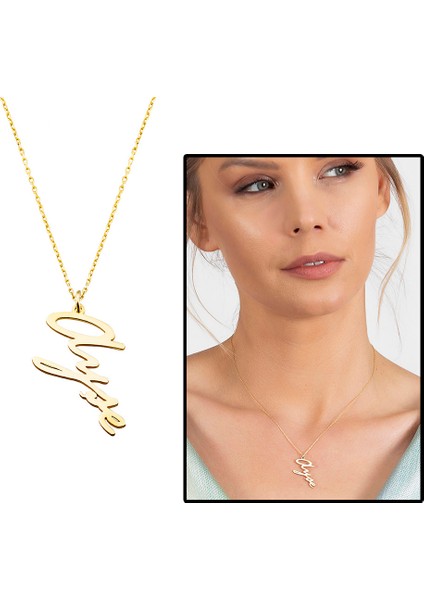 Dikey Tasarım Isme Özel Yazılı Altın Renk 925 Ayar Gümüş Bayan Kolye fiyatları
