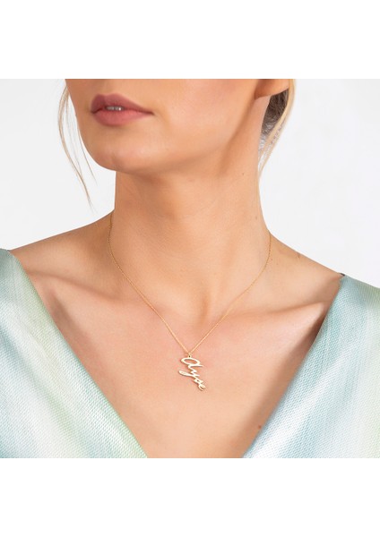 Dikey Tasarım Isme Özel Yazılı Altın Renk 925 Ayar Gümüş Bayan Kolye modelleri