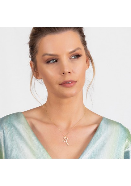 Dikey Tasarım Isme Özel Yazılı Altın Renk 925 Ayar Gümüş Bayan Kolye fırsatları