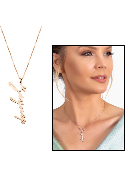 Dikey Tasarım Isme Özel Yazılı Rose Renk 925 Ayar Gümüş Bayan Kolye fiyatları