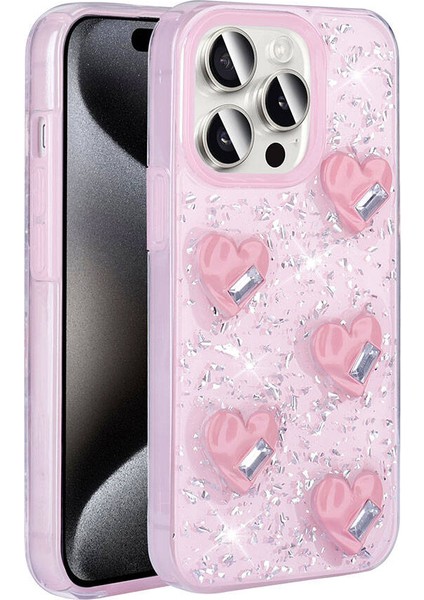 Apple iPhone 15 Pro Max Kılıf Airbagli Simli Arka Yüzey Mbvo Işıltı Silikon Kapak-Pembe