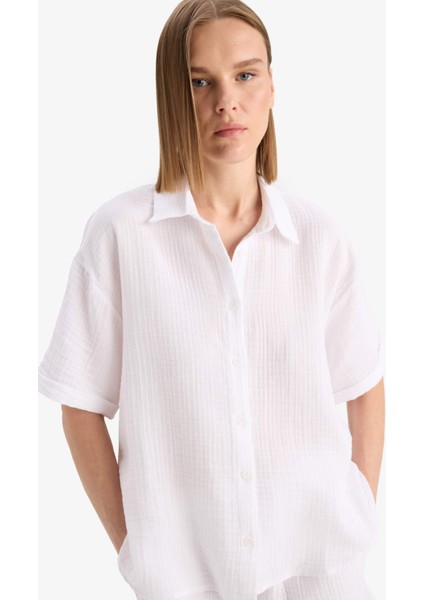 Regular Fit Müslin Kısa Kollu Kırmızı Gömlek