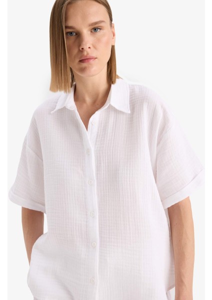 Regular Fit Müslin Kısa Kollu Kırmızı Gömlek