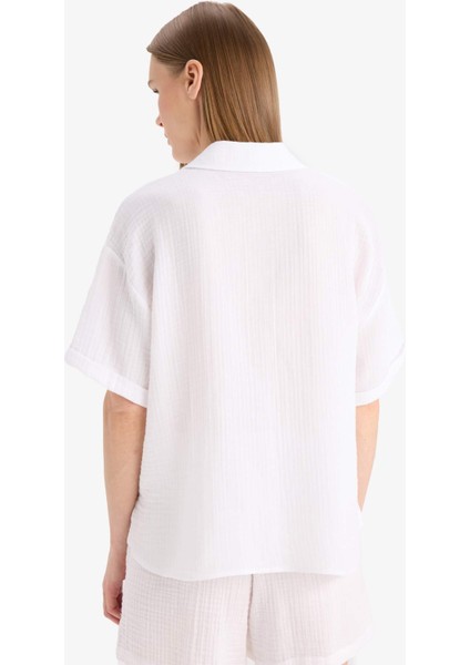 Regular Fit Müslin Kısa Kollu Kırmızı Gömlek