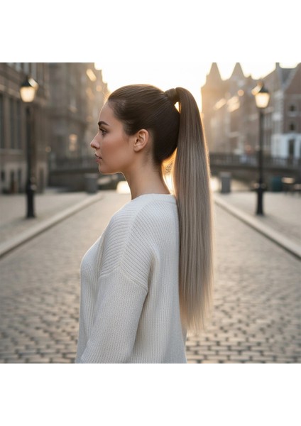 Lastik Tokalı At Kuyruğu Düz - Küllü Kumral / Beyaz Platin Ombre