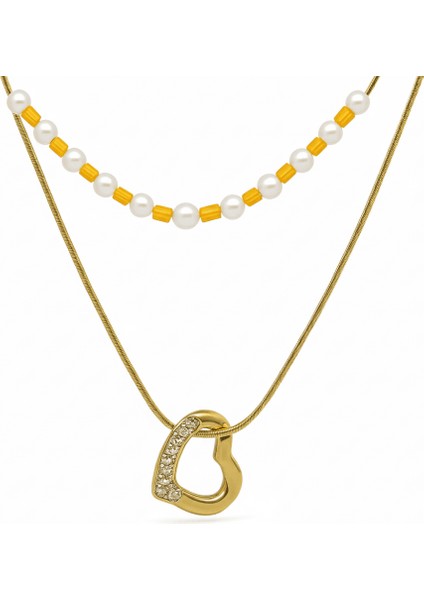 Kadın Çelik Kolye - Snake Zincirli - Kalp Tasarım - Inci Kombinasyonlu - Altın Renk