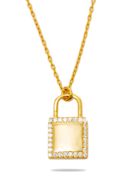 Zirkon Taşlı Kilit Tasarım Altın Renk Isme Özel Harf Yazılı 925 Ayar Gümüş Kadın Kolye