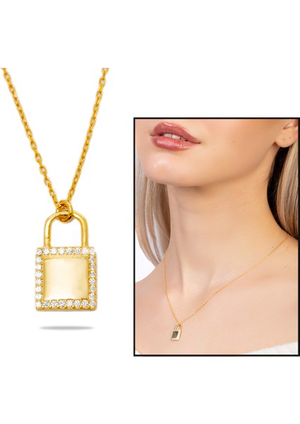 Zirkon Taşlı Kilit Tasarım Altın Renk Isme Özel Harf Yazılı 925 Ayar Gümüş Kadın Kolye fiyatları