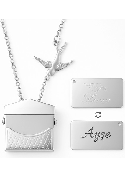 Kadın Çelik Kolye - Posta Güvercini Detaylı - Forse Zincirli - Isme Özel Yazılı - Gümüş Renk indirimleri