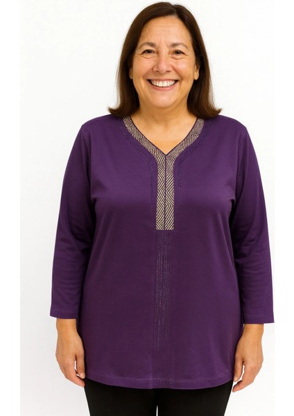 Rahat Kesim V Yaka Mor Anne Kadın Penye Bluz