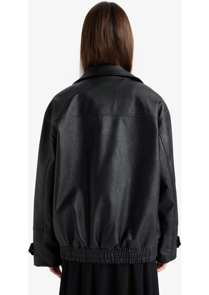 Afra x DeFacto Dad Fit Fermuarlı Suni Deri Mont