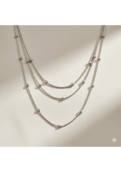Kadın 3 Lü Çelik Kolye - Toplu Snake Zincirli - Asimetrik Tasarım - Gümüş Renk fırsatları