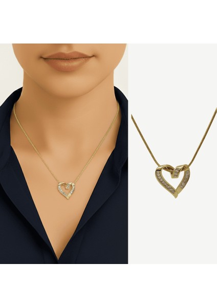 Kadın Çelik Kolye - Kalp Tasarım - Snake Zincirli - Beyaz Zirkon Taşlı - Altın Renk fiyatları