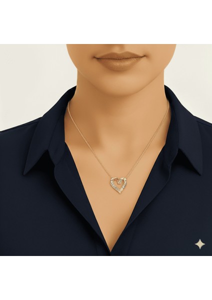 Kadın Çelik Kolye - Kalp Tasarım - Snake Zincirli - Beyaz Zirkon Taşlı - Altın Renk modelleri