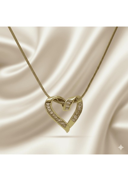 Kadın Çelik Kolye - Kalp Tasarım - Snake Zincirli - Beyaz Zirkon Taşlı - Altın Renk fırsatları