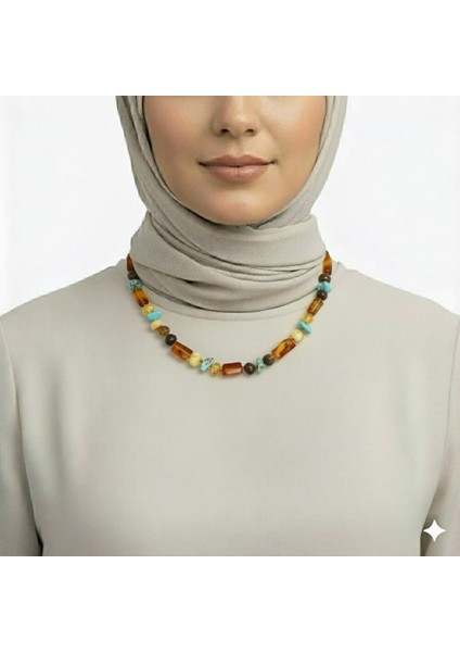 Doğal Form Çok Renkli Firuze Doğaltaş Süslemeli Hakiki Damla Kehribar Kadın Kolye modelleri