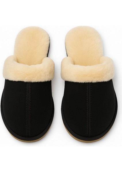 Nice For You Premium Kadın Kürklü Peluş Ev Terliği Cozy Kalın Tabanlı Yün Astarlı Kışlık