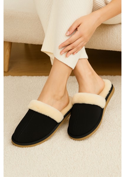 Nice For You Premium Kadın Kürklü Peluş Ev Terliği Cozy Kalın Tabanlı Yün Astarlı Kışlık