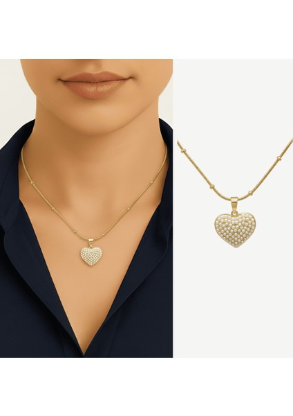 Kadın Çelik Kolye - Kalp Tasarım - Toplu Snake Zincirli - Inci Taşlı - Altın Renk fiyatları