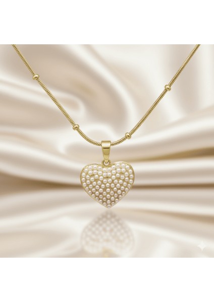 Kadın Çelik Kolye - Kalp Tasarım - Toplu Snake Zincirli - Inci Taşlı - Altın Renk fırsatları
