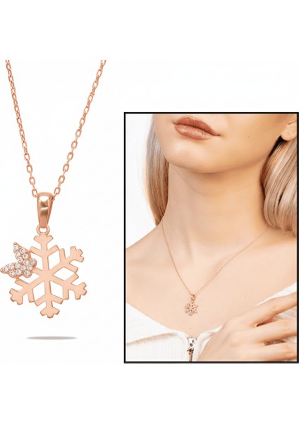 Zirkon Taşlı Kelebek Detaylı Kar Tanesi Model Rose Renk 925 Ayar Gümüş Kadın Kolye fiyatları