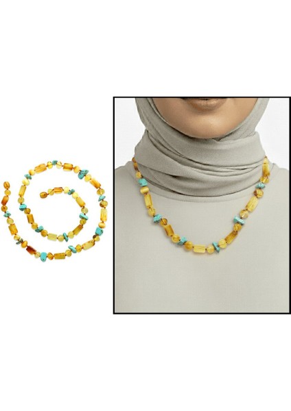 Doğal Form Bal Sarı Renkli Firuze Doğaltaş Süslemeli Hakiki Damla Kehribar Kadın Kolye fiyatları