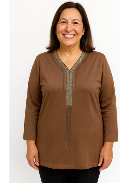 Rahat Kesim V Yaka Kahverengi Anne Kadın Penye Bluz