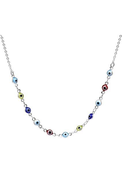 Gümüş Renk Metal Zincirli Çok Renkli Mineli Nazar Boncuğu Detaylı Kadın Kolye