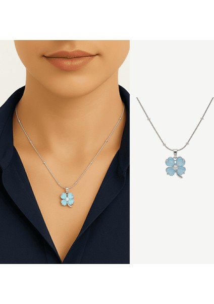 Kadın Çelik Kolye - Toplu Snake Zincirli - Yonca Yaprağı Tasarım - Mavi Mineli - Gümüş Renk fiyatları