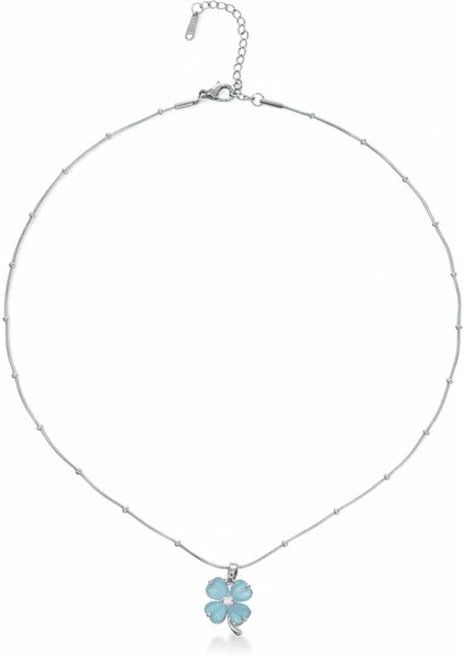 Kadın Çelik Kolye - Toplu Snake Zincirli - Yonca Yaprağı Tasarım - Mavi Mineli - Gümüş Renk indirimleri