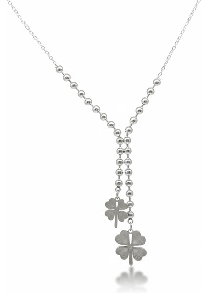 Kadın Çelik Kolye - Toplu Forse Zincirli - 2 Li Yonca Yaprağı Tasarım - Gümüş Renk