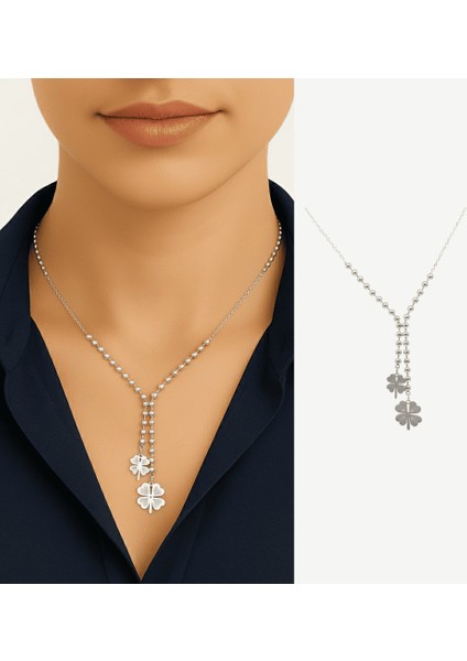 Kadın Çelik Kolye - Toplu Forse Zincirli - 2 Li Yonca Yaprağı Tasarım - Gümüş Renk fiyatları