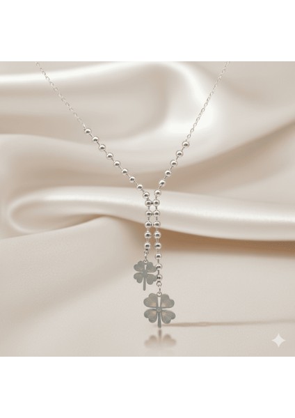 Kadın Çelik Kolye - Toplu Forse Zincirli - 2 Li Yonca Yaprağı Tasarım - Gümüş Renk fırsatları