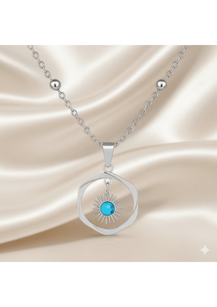 Kadın Çelik Kolye - Halka Tasarım - Firuze Taşlı - Gümüş Renk fırsatları