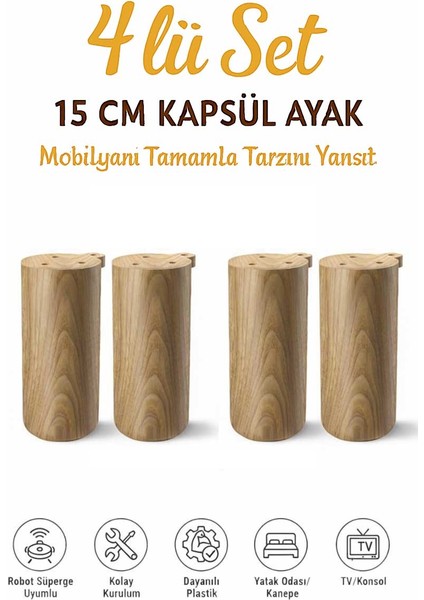 Kapsül Bohem 15 cm (4 Adet)Açık Kubik Ceviz Mobilya Kanepe Sehpa Tv Ünitesi Koltuk ve Konsol Ayağı