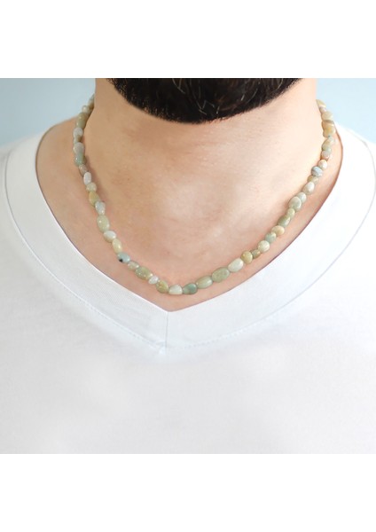 Gümüş Renk Metal Zincirli Amorf Amazonit Doğaltaş Erkek Kolye fırsatları