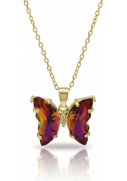 Kadın Çelik Kolye - Kelebek Tasarım - Fuşya Sarı Zirkon Taşlı - Altın Renk