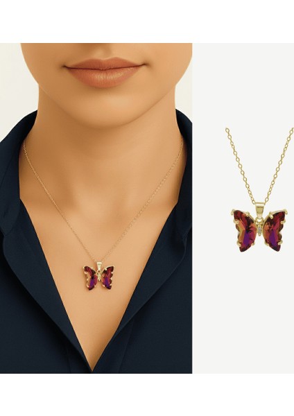 Kadın Çelik Kolye - Kelebek Tasarım - Fuşya Sarı Zirkon Taşlı - Altın Renk fiyatları