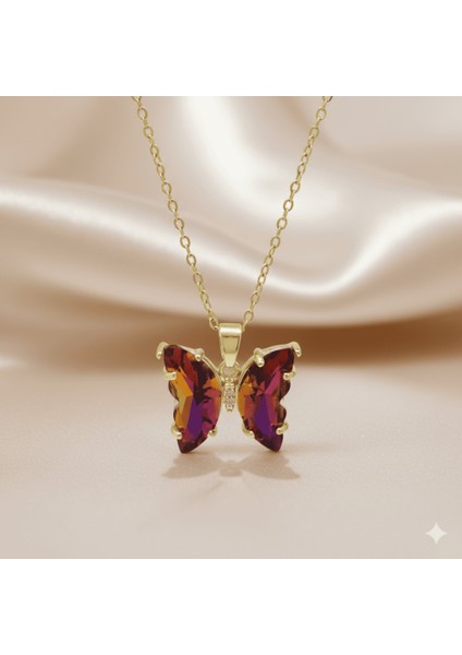 Kadın Çelik Kolye - Kelebek Tasarım - Fuşya Sarı Zirkon Taşlı - Altın Renk fırsatları