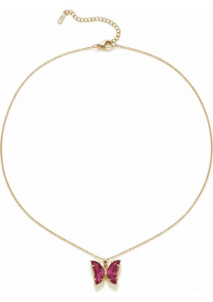 Kadın Çelik Kolye - Kelebek Tasarım - Fuşya Sarı Zirkon Taşlı - Altın Renk indirimleri