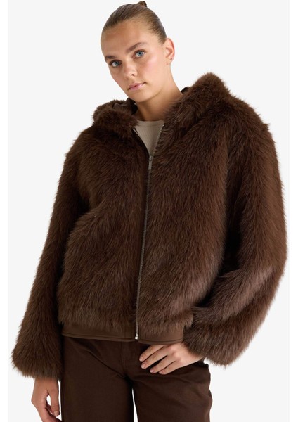 Regular Fit Kapüşonlu Fermuarlı Suni Kürk Mont F5570AX25WN